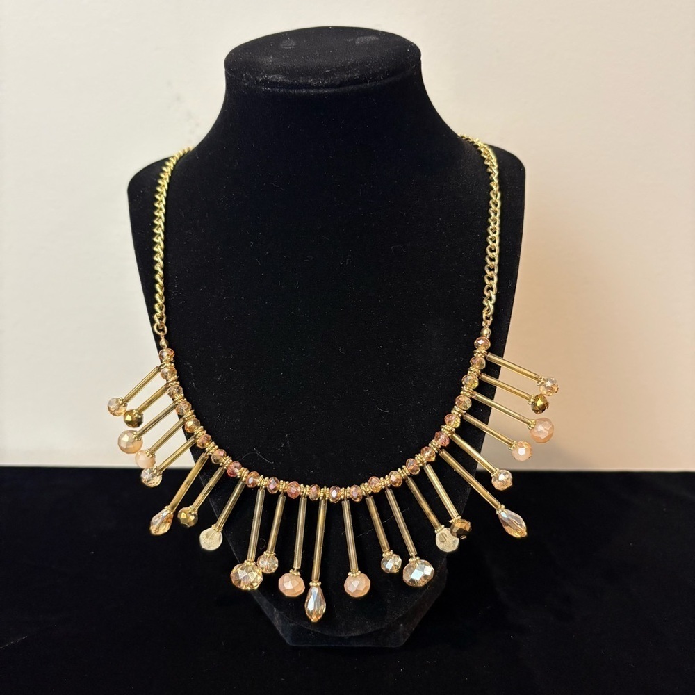 New Joan Vass Faceted Glass Beads Goldtone Statement Necklace